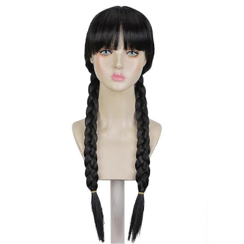 (Black bangs) Costume Black Braided Double Ponytail Wig