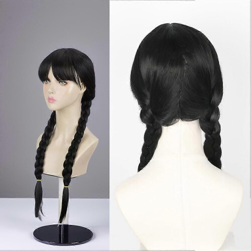 (Black bangs) Costume Black Braided Double Ponytail Wig 1