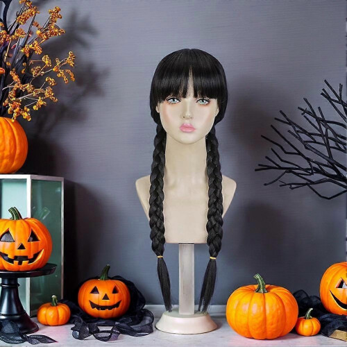 (Black bangs) Costume Black Braided Double Ponytail Wig 2