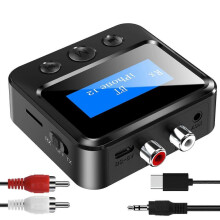 Bluetooth-zender voor tv, stereo-installatie, audioadapter met RCA- en 3,5 mm AUX-aansluitingen en display.