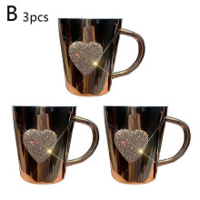 (3pcs) Heart-Shaped Crystal Rhinestone Stainless Steel Coffee Beer Mug with Handl