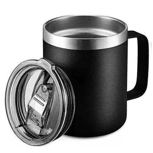 (Sort) 12 oz kaffekrus i rustfrit stål med skydelåg i håndtag