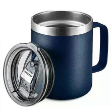 (Dunkelblau) 12-Unzen-Edelstahl-Kaffeebecher mit Henkel und Schiebedeckel