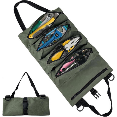 Rolling Tool Bag, Canvas Tool Bag for Wrenches, Multipurpose Rolling Bag with 5 Zippered Pockets, Small Portable Tool Kit for Plumbers