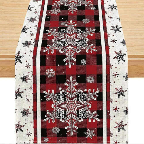 Linen Christmas Table Runner, Red Christmas Table Decoration, Rectangular Table Runner, Snowflake Christmas Tablecloth, for Winter Kitchen Table Decor