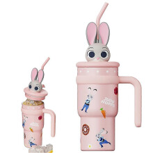 (Pink) Zootopia Kids Water Bottle Nick Wilde Insulated Cup Large Capacity Straw Cup