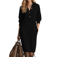 Herbst Winter Damen Einfarbig Strickpullover Kleid-Schwarz XL
