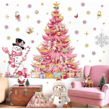 Large Pink Christmas Tree Wall Stickers, Window Decals, Christmas Tree, Snowman, Wall Decoration for Door, Window, Glass