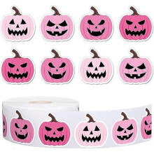 500 Pcs Halloween Pumpkin Stickers Roll Pink Pumpkin Face Self-Adhesive Sticker Decals for Halloween Birthday Party Scrapbook Envelope Decor Supplies