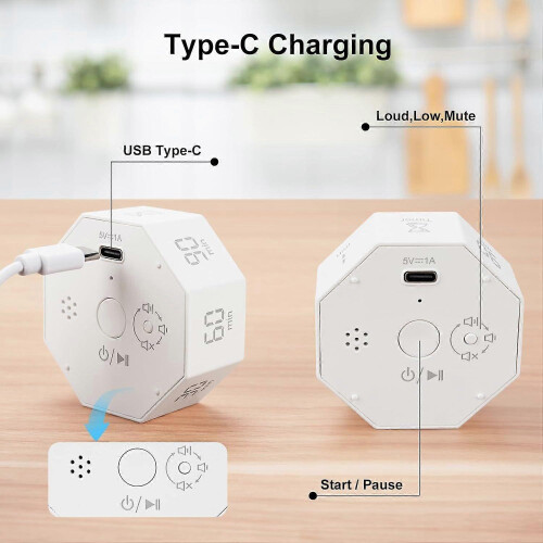 2PCS (Pearl White)Rechargeable Visual Timer, 8-Angle Auto-Rotating Screen with Gravity Sensor, Digital Timers for Classroom, Small Kitchen Timers for 2