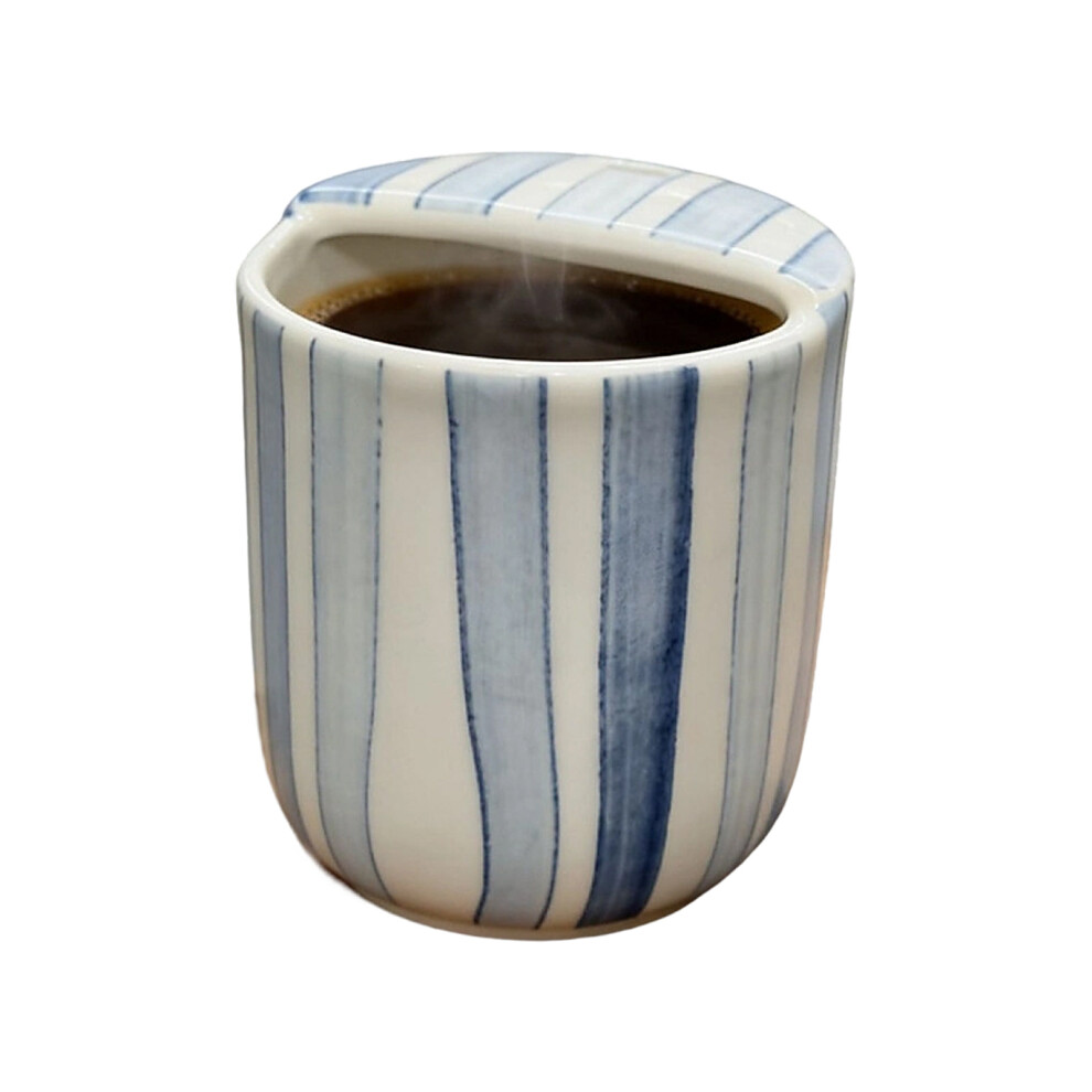 Blue Ceramic Coffee Mug With Sip Hole Antislip- Striped Cup