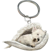 (White-West Highland) 2pcs Angel Sleeping Dog Acrylic Keychains Pendants Home Decoration Ornaments Stationery Gifts Y