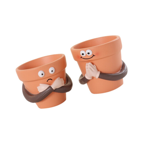 Pots en forme de main de prière avec visages amusants, Pots de