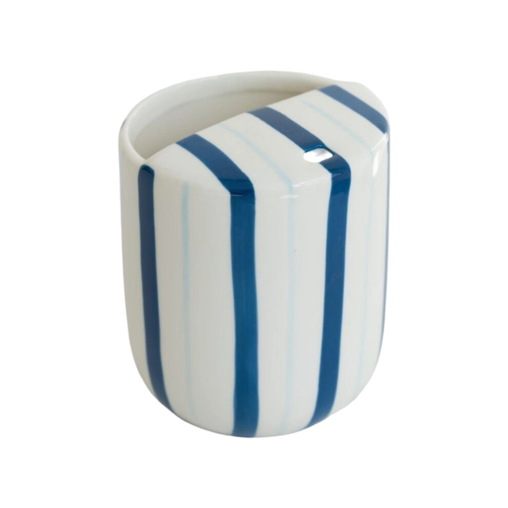 Blue Ceramic Coffee Mug With Sip Hole Antislip Handheld-Striped