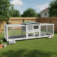2.4m Large Wooden Rabbit Hutch Outdoor Double Run, Guinea Pig Cage with Sliding Tray for 3-4 Rabbits