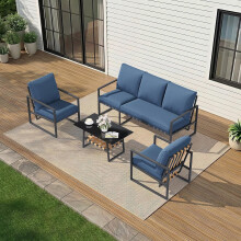 5 Seater Outdoor Garden Furniture Set, 3-Seater Sofa & 2 Armchairs with Glass Coffee Table