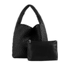 (Black) Leather Woven Bag For Women Fashion Shoulder Hobo Bags Tote Handbag Top Handle Bucket Bags