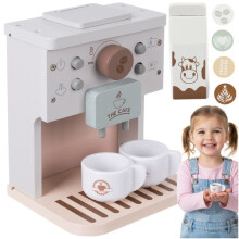 Cafeteira de madeira de brinquedo para crianças com acessórios.
