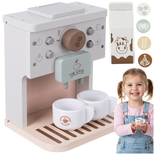 Cafeteira de madeira de brinquedo para crianças com acessórios.