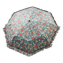 Floral Print Lace Umbrella Black Coated Fabric Ergonomic-Green