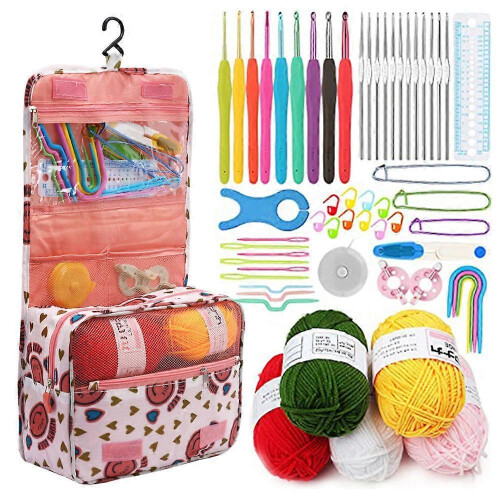 59pcs Ergonomic Crochet Hook Set 5 Rolls Yarn Knitting Needles Kit for Starters