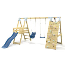 PolarPlay Premium Double Garden Swing Set with Climbing Wall and Slide for Kids - Navy Blue with Baby Seat
