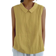 Cotton Linen Shirts for Women Sleeveless Collared-Yellow XL