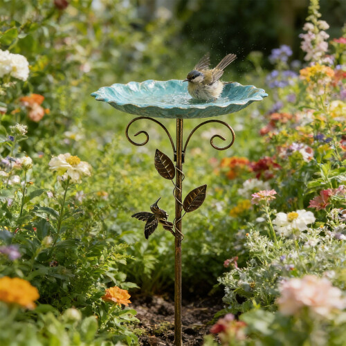 Weatherproof Wrought Iron Bird Bath With Broad Base Feeding 1