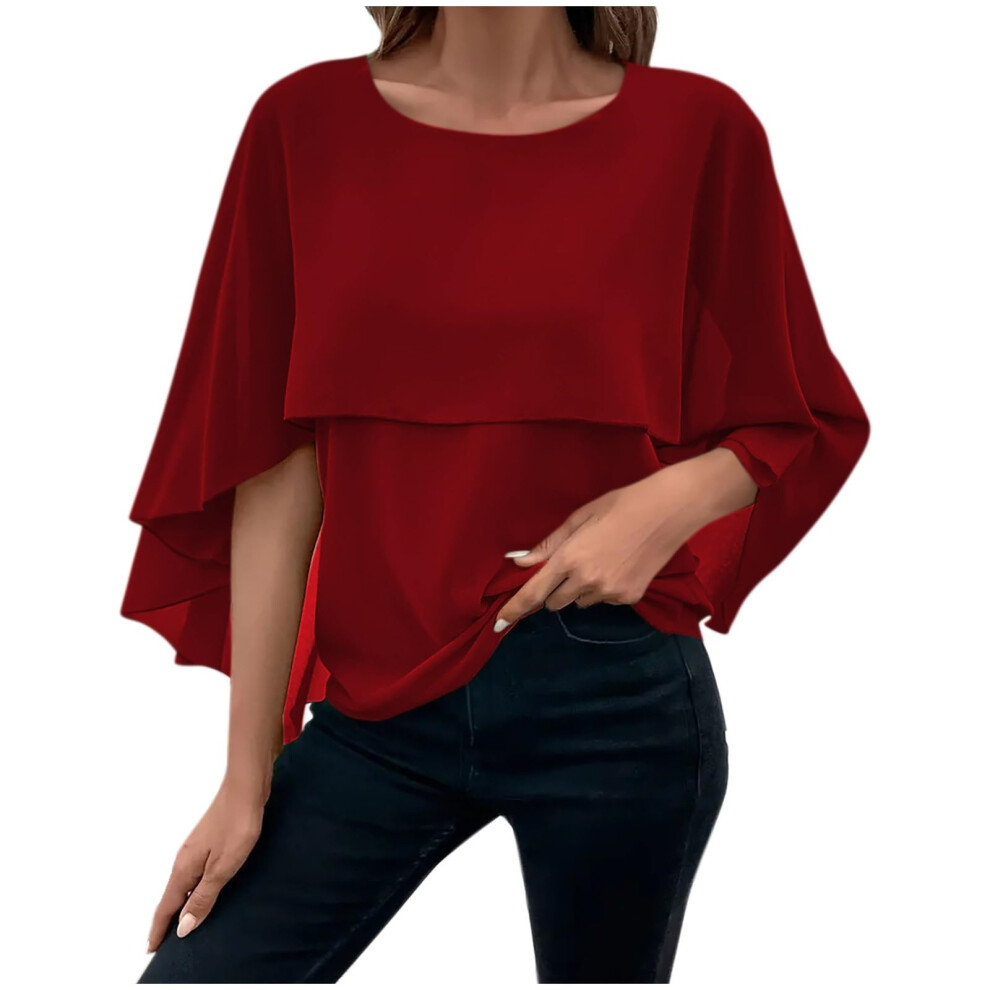 Women's Poncho Blouse Elegant Neck Double Layered-Burgundy L