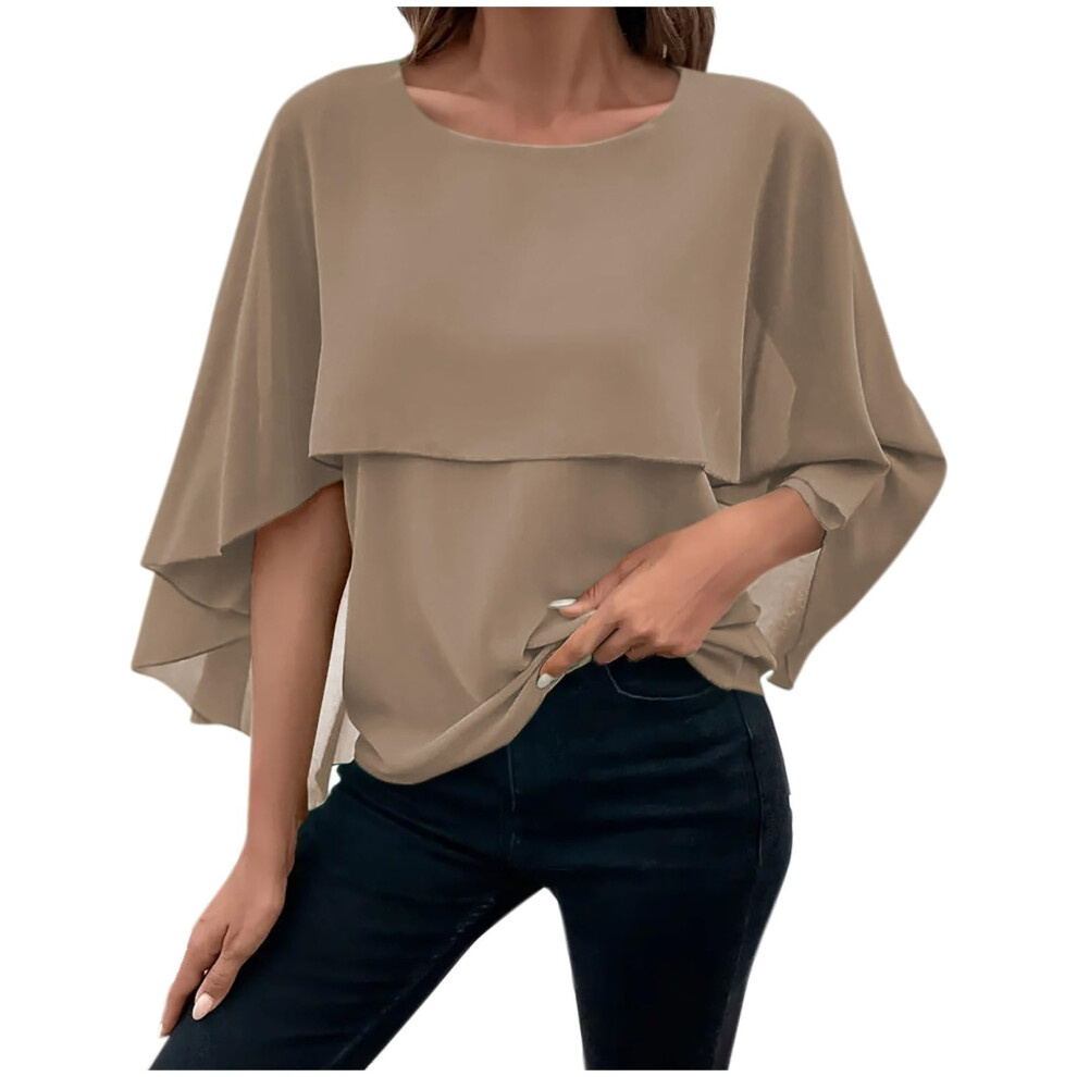 Women's Poncho Blouse Elegant Neck Double Layered-Camel XL
