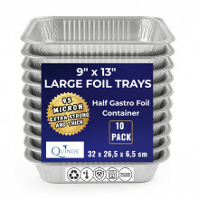 QUINDE Large Tin Foil Trays 9x13 ? Deep Heavy Duty Aluminium Baking & Roasting Trays 3500ml, 95 Micron Disposable Cooking Trays Pack of 10
