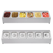 NaMaSyo Stainless Steel Gastronorm Pan with Lid, Pizza Topping Station, Food Containers, Bain Marie Pan Top Shelf, RCPN 6, 6 GN 1/6 Containers,