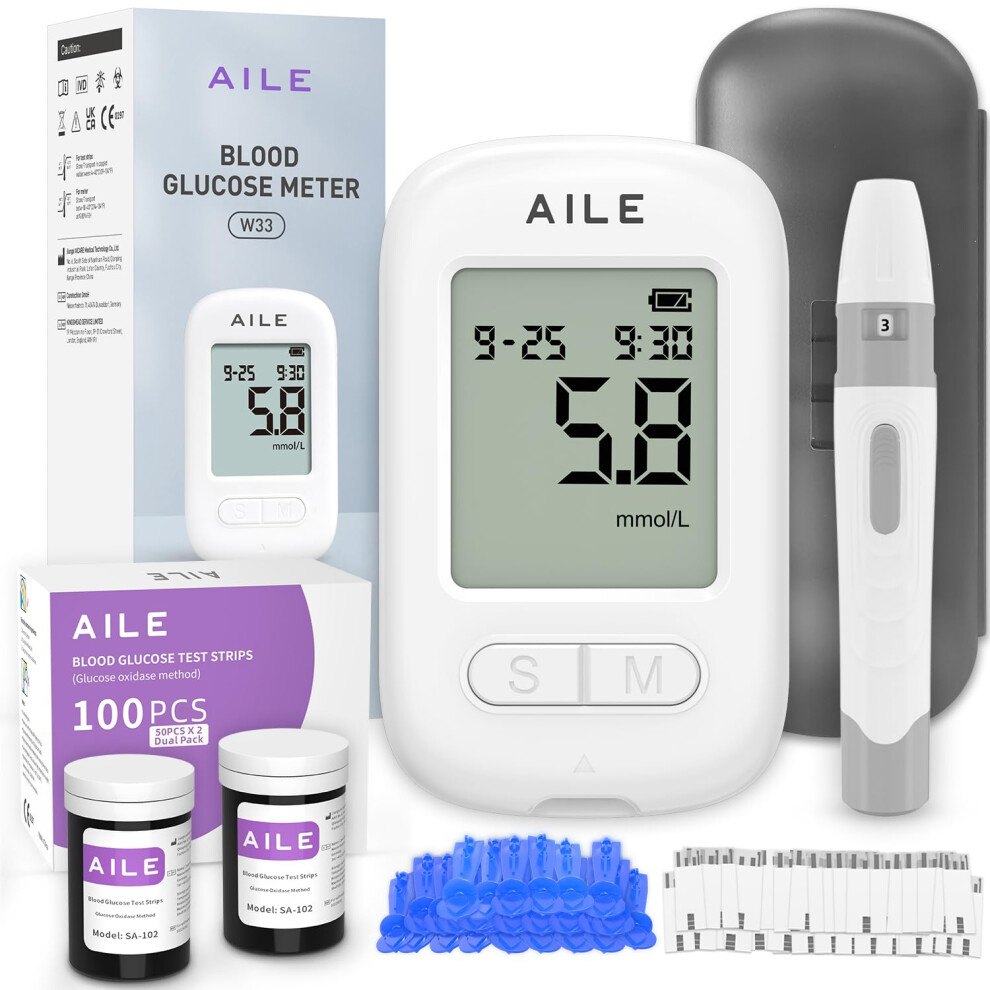 Aile Blood Glucose Test Kit For Diabetes: 100 Glucometer Strips, 100 Lancets, 1 Meter For Home Use Portable Blood Sugar Monitor Testing Kits Diabetics