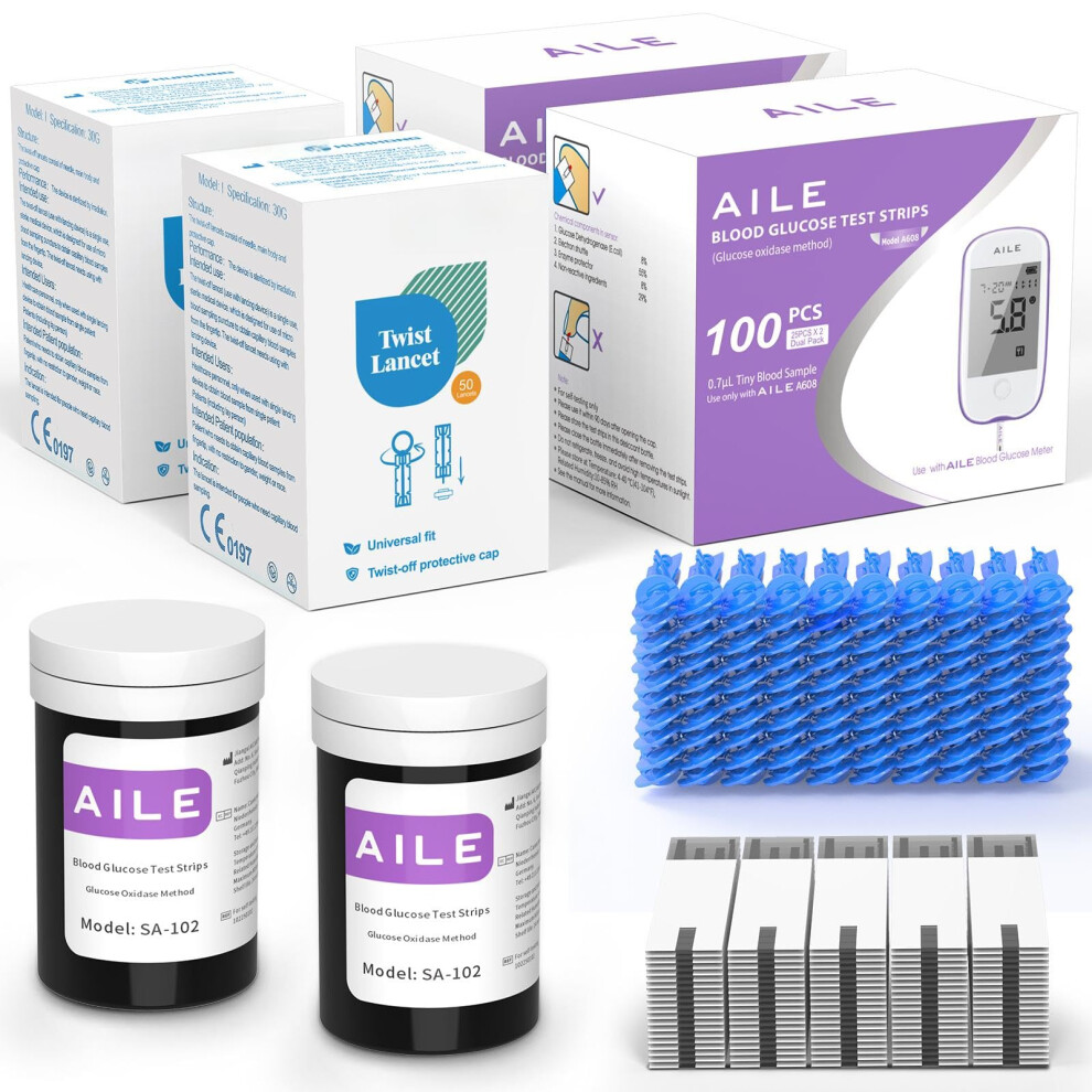 Aile Blood Glucose Test Strips For Diabetics: Blood Sugar Test Strips 100 Pcs - 100 Lancets For Home Use - Only Use With A608 A601 A606 A616 W33