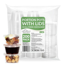 Delahunt Catering Supplies 2oz (60ml) Clear Plastic Portion Pots with Lids [200 Pack] - Small Round Leakproof Containers for Food Preparation, Portion