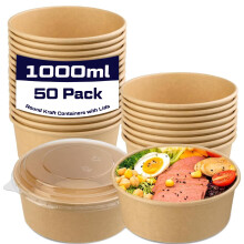 rynli 50pcs Kraft Paper Food Containers with Lids, 1000ml Meal Prep Containers Salad Bowls, Reusable for Food Storage, Takeout, Leftovers, Microwave &