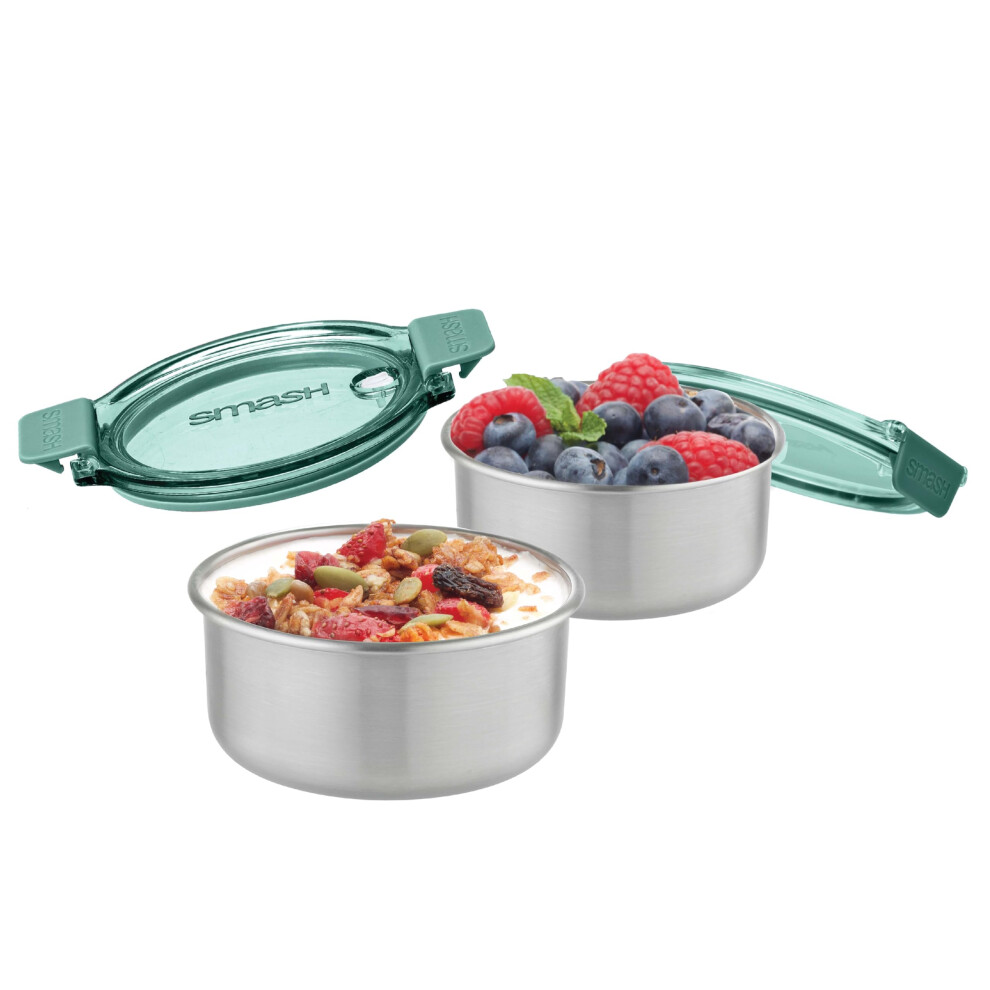 Smash Stainless Steel Snack Pots ? 200Ml (Pack Of 2) | Leak-Proof & Airtight | Reusable Containers For Snacks, Fruit & Yogurt | Fits Green