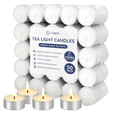 CUQOO Tea Lights 8 Hour Burn 50-Pack Unscented Tealight Candles ? 8hr Long Burning Vegan Smokeless Tea Light Small White Candles for Wax Burners,
