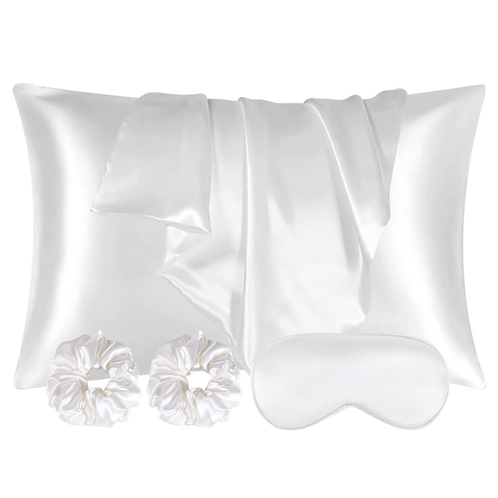 2 Pack Satin Silk Pillowcase, 50X75cm For Hair And Skin, With Hair Scrunchies & Eye Mask, Slip Beauty Sleep Pillowcase (White) White Auauy