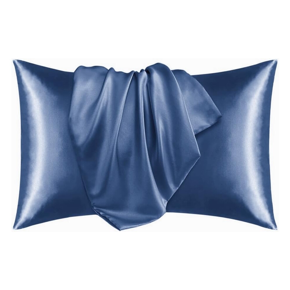 Juwenin Silk Pillow Case For Hair & Facial Skin To Prevent Wrinkles Hidden Zipper Set Of 2Pcs (Navy Blue)
