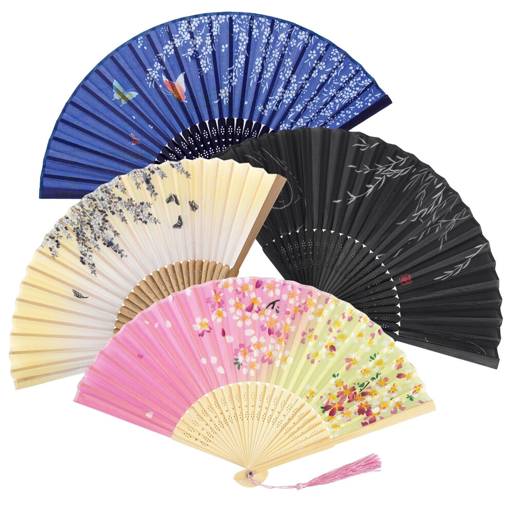 Leikedun 4 Pack Silk Fabric Hand Fans, Chinese Fan, Hollow Carved Bamboo Folding Hand Fan Handheld Fan For Wedding, Gifts, Performance, Dancing, Home