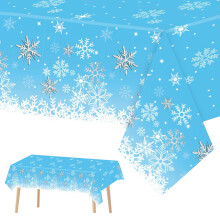 2PCS Christmas Tablecloth - 130*220cm Blue Snowflake Rectangle Table Cover - Disposable Plastic for Xmas Party, Winter Holiday Frozen Decoration