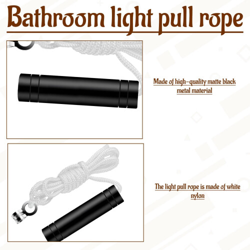 Black Bathroom Light Pull Cord,2Pcs Light Pull Cord,Pull Cord Light Switch Bathroom,with 150cm Black Light Pull Cord Handle,Bathroom Pull Cord,Light 2