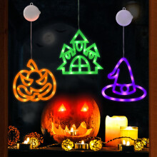 Halloween Decorations, Jsdoin 3 Pack Halloween Window Lights with Suction Cup Battery Operated Light Pumpkin Spider Witch Hat Cat Castle Lights for
