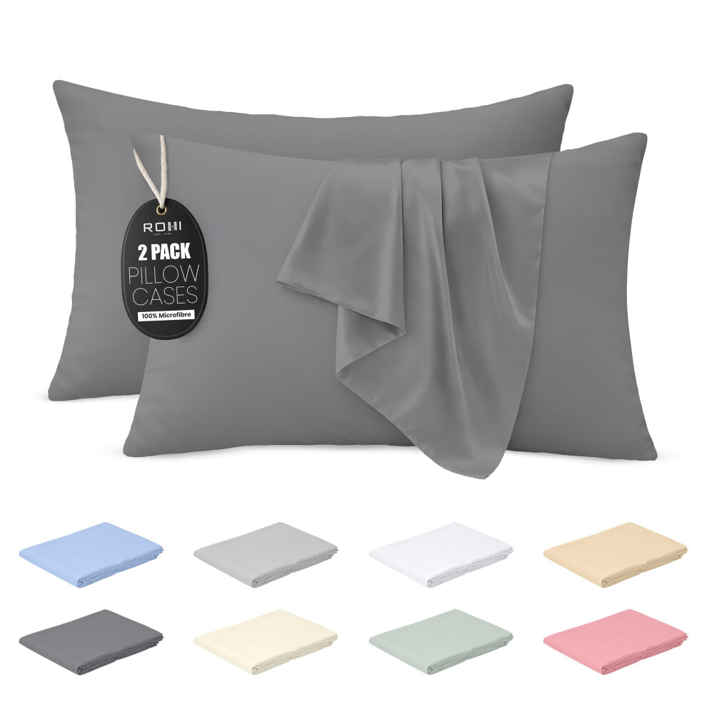 Rohi Microfibre Grey Pillowcases 2 Pack ? Soft & Smooth Envelope Closure Pillow Covers ? Fade Resistant & Breathable Pillows Cases ? Standard Size