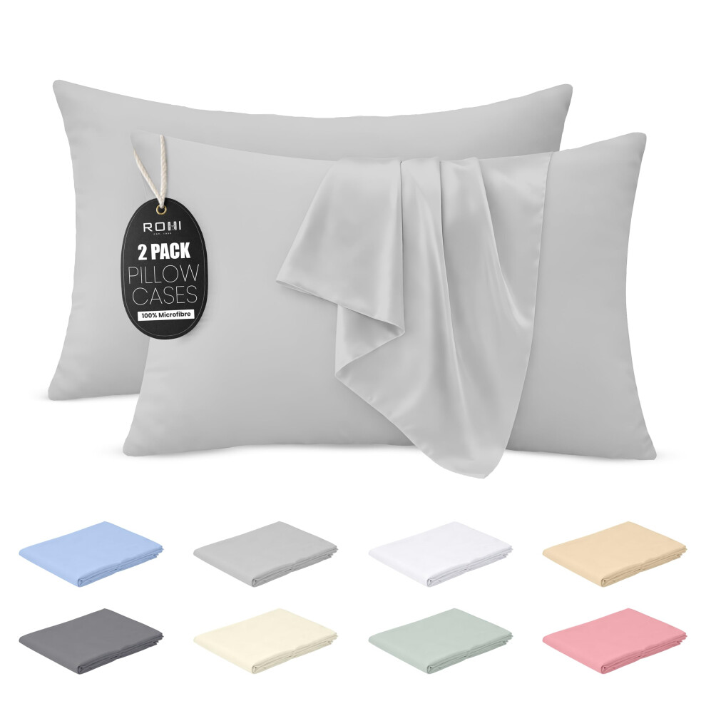 Rohi Microfibre Silver Pillowcases 2 Pack ? Soft & Smooth Envelope Closure Pillow Covers ? Fade Resistant & Breathable Pillows Cases ? Standard Size