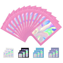 Rimiko 50pcs Pink Ziplock Mylar Bags With Clear Window, Aluminum Foil Sample Pouches, Resealable Holographic Self-Sealing for Packaging and Food