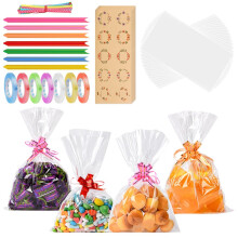 OFFCUP Pack of 70 Cellophane Bags, 16 x 24 cm Candy Bags, Transparent, Transparent Pastry Bags, with 100 Golden Filigree Strips, 70 Stickers, 70