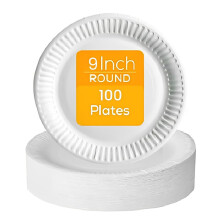 PRISTINE ENTERPRISE White Paper Disposable Plates Pack of 100 Large 23 cm 9 Inch, 100% Natural and Recyclable Ideal for Birthday, Anniversary, BBQs,