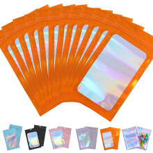 50pcs Holographic Mylar Bags 10.5x15cm - Orange Smell Proof Resealable Sweet Pouches for Lipgloss, Jewelry, Eyelash, Food Storage With Grip Foil